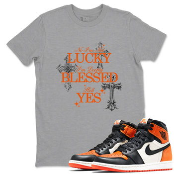 Deeply Blessed sneaker match t-shirt styled to complete your fit with the Air Jordan 1 Shattered Backboard sneakers, shown in Heather Grey 1.