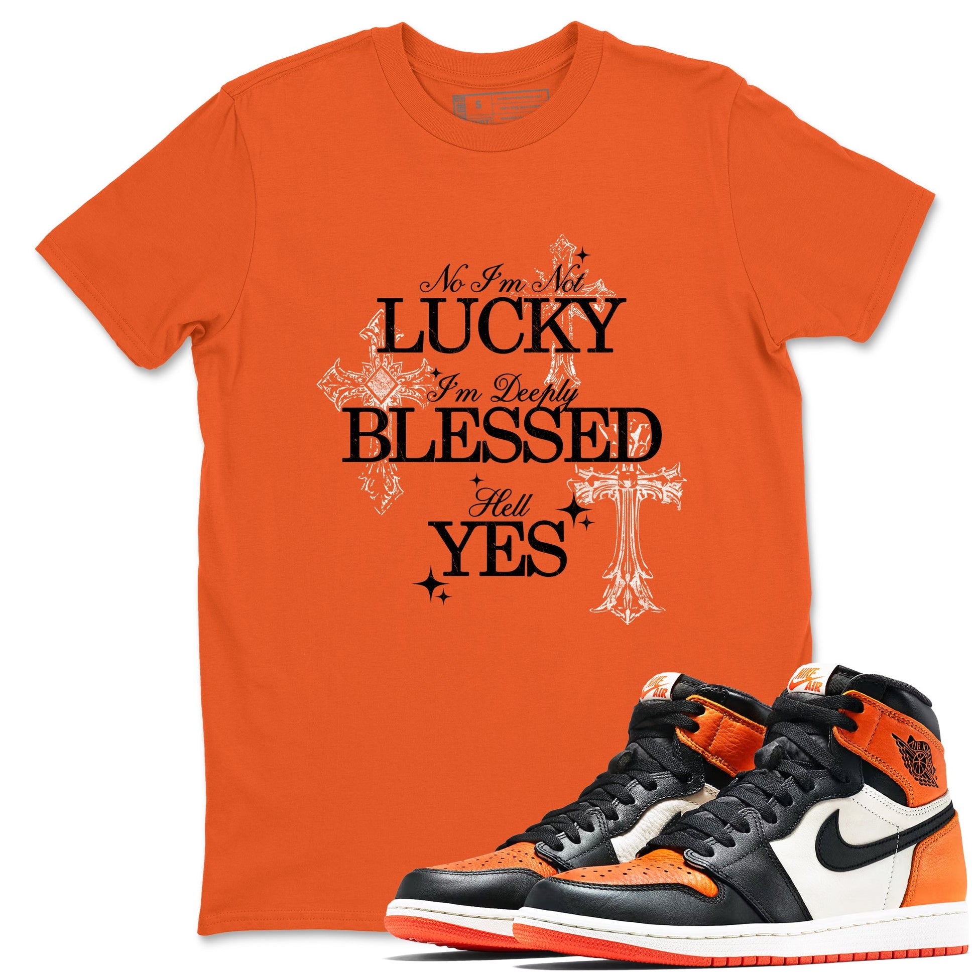 Deeply Blessed sneaker match t-shirt styled to complete your fit with the Air Jordan 1 Shattered Backboard sneakers, shown in Orange 1.