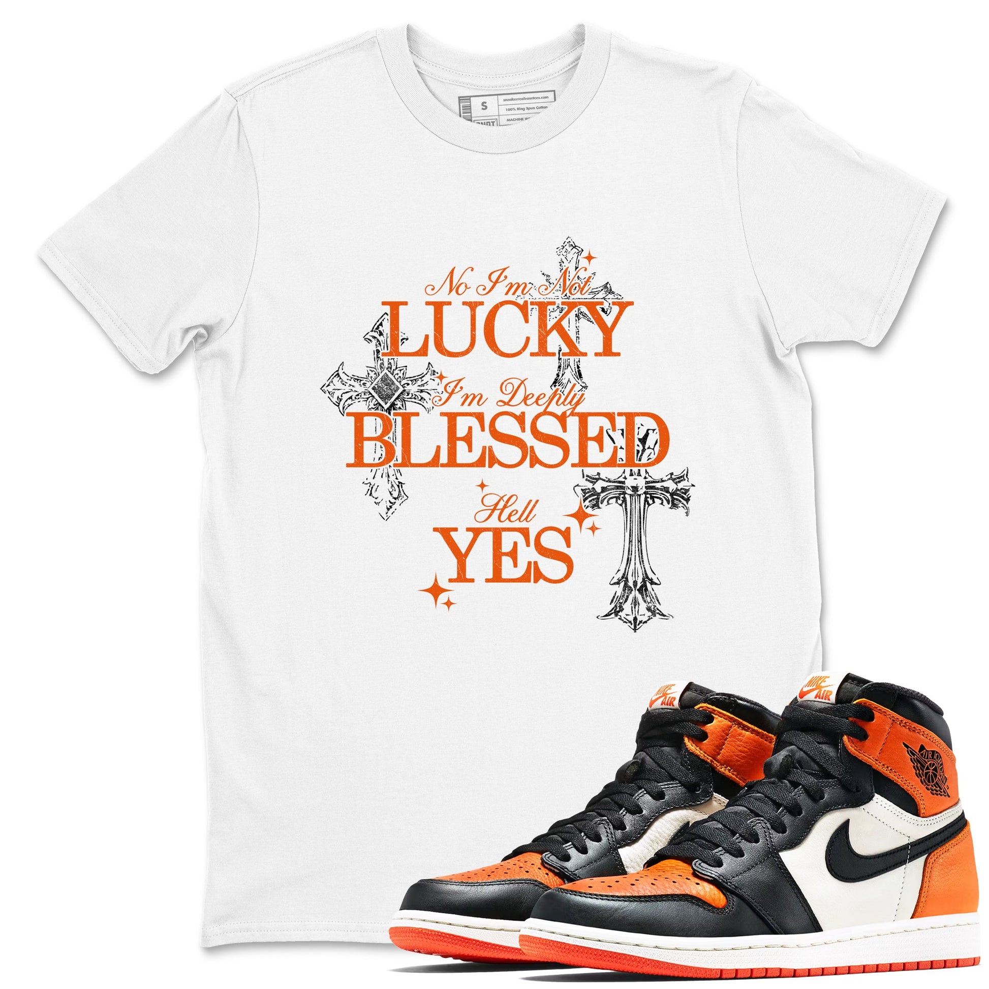 Deeply Blessed sneaker match t-shirt styled to complete your fit with the Air Jordan 1 Shattered Backboard sneakers, shown in White 1.