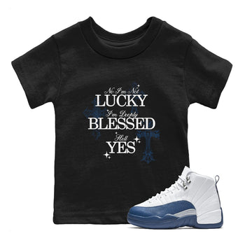 Deeply Blessed baby and kids t-shirt crafted for little sneakerheads to shine with the Air Jordan 12 French Blue sneakers, displayed in Black 1.