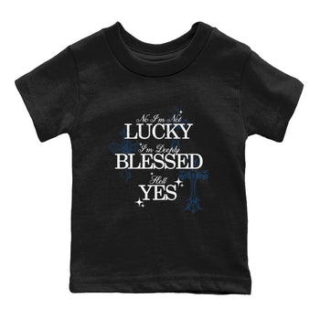 Deeply Blessed baby and kids t-shirt crafted for little sneakerheads to shine with the Air Jordan 12 French Blue sneakers, displayed in Black 2.