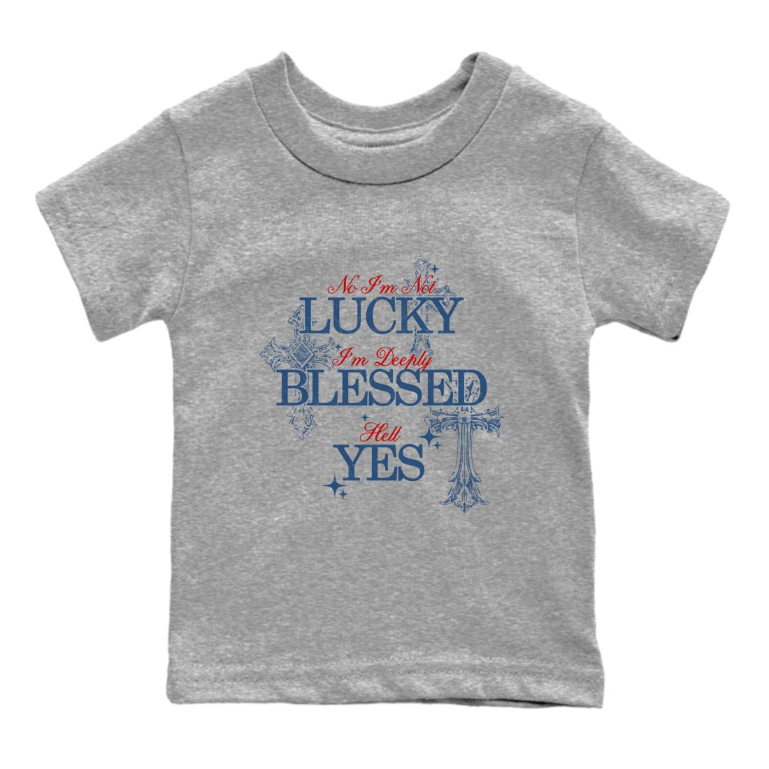 Deeply Blessed baby and kids t-shirt crafted for little sneakerheads to shine with the Air Jordan 12 French Blue sneakers, displayed in Heather Grey 2.