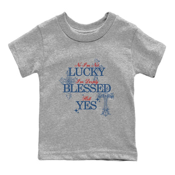 Deeply Blessed baby and kids t-shirt crafted for little sneakerheads to shine with the Air Jordan 12 French Blue sneakers, displayed in Heather Grey 2.