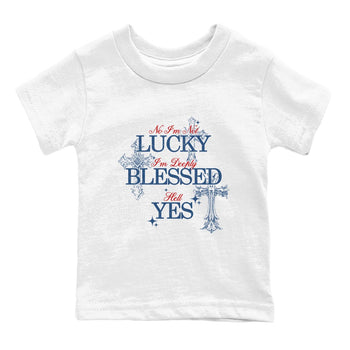 Deeply Blessed baby and kids t-shirt crafted for little sneakerheads to shine with the Air Jordan 12 French Blue sneakers, displayed in White 2.