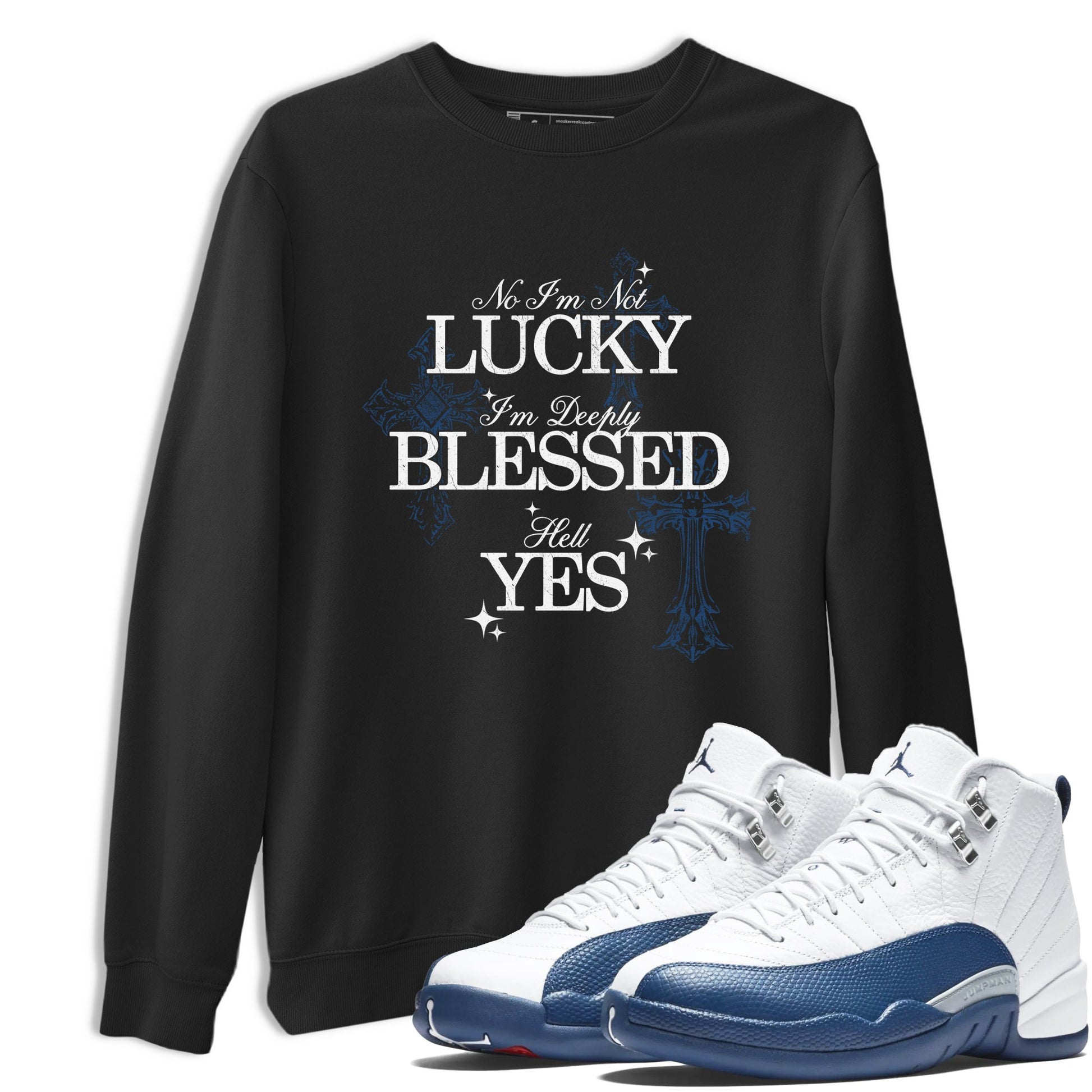 Deeply Blessed sneaker match t-shirt styled to complete your fit with the Air Jordan 12 French Blue sneakers, shown in Black 1.