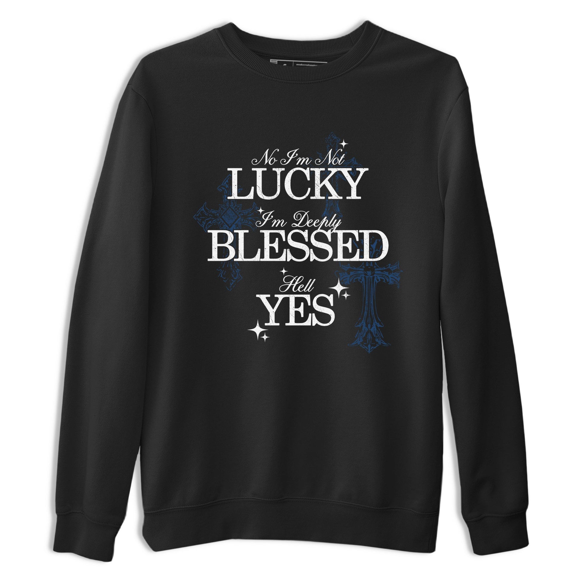 Deeply Blessed sneaker match t-shirt styled to complete your fit with the Air Jordan 12 French Blue sneakers, shown in Black 2.