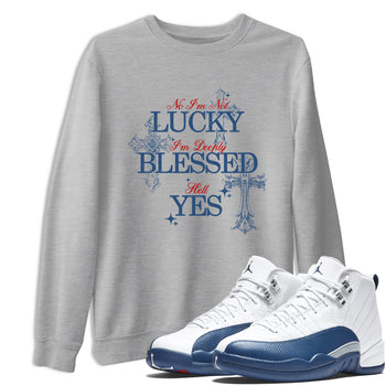 Deeply Blessed sneaker match t-shirt styled to complete your fit with the Air Jordan 12 French Blue sneakers, shown in Heather Grey 1.