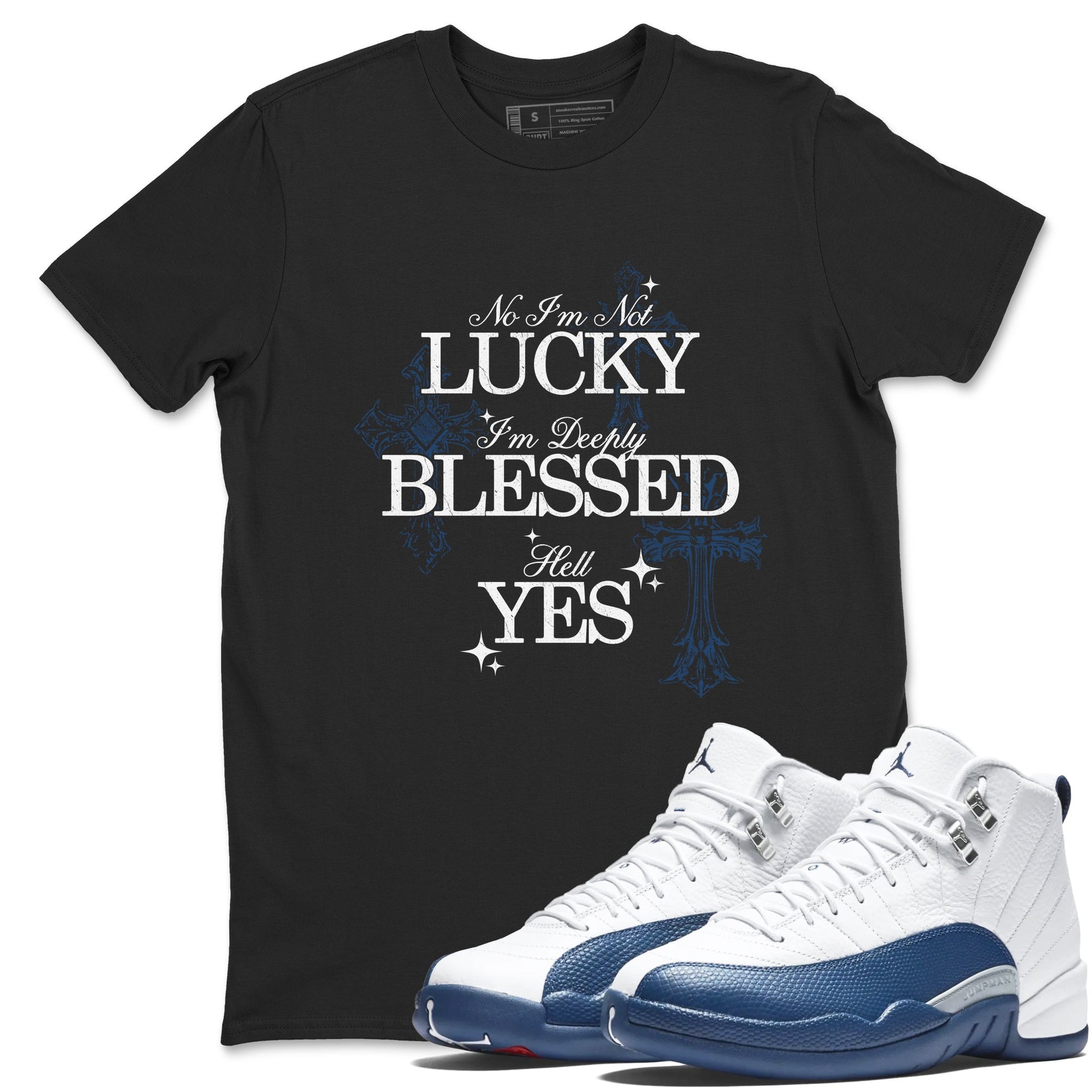 Deeply Blessed sneaker match t-shirt styled to complete your fit with the Air Jordan 12 French Blue sneakers, shown in Black 1.