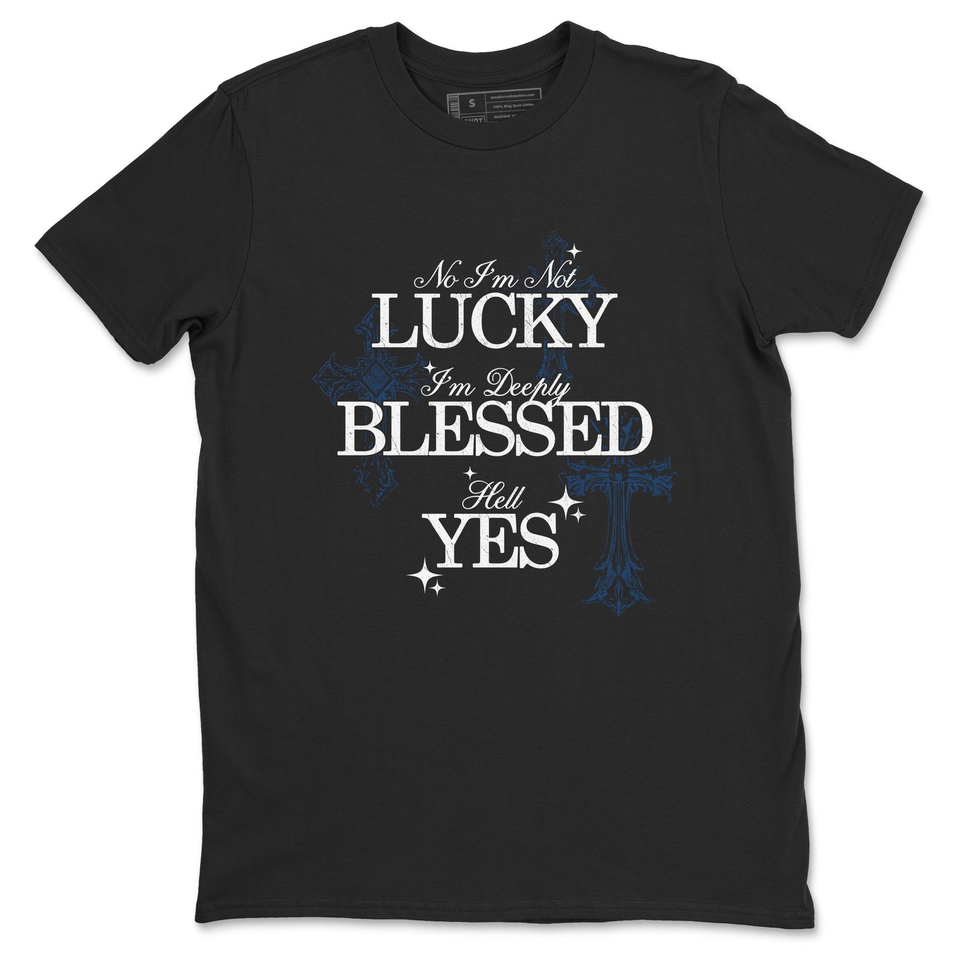 Deeply Blessed sneaker match t-shirt styled to complete your fit with the Air Jordan 12 French Blue sneakers, shown in Black 2.