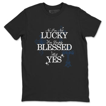 Deeply Blessed sneaker match t-shirt styled to complete your fit with the Air Jordan 12 French Blue sneakers, shown in Black 2.