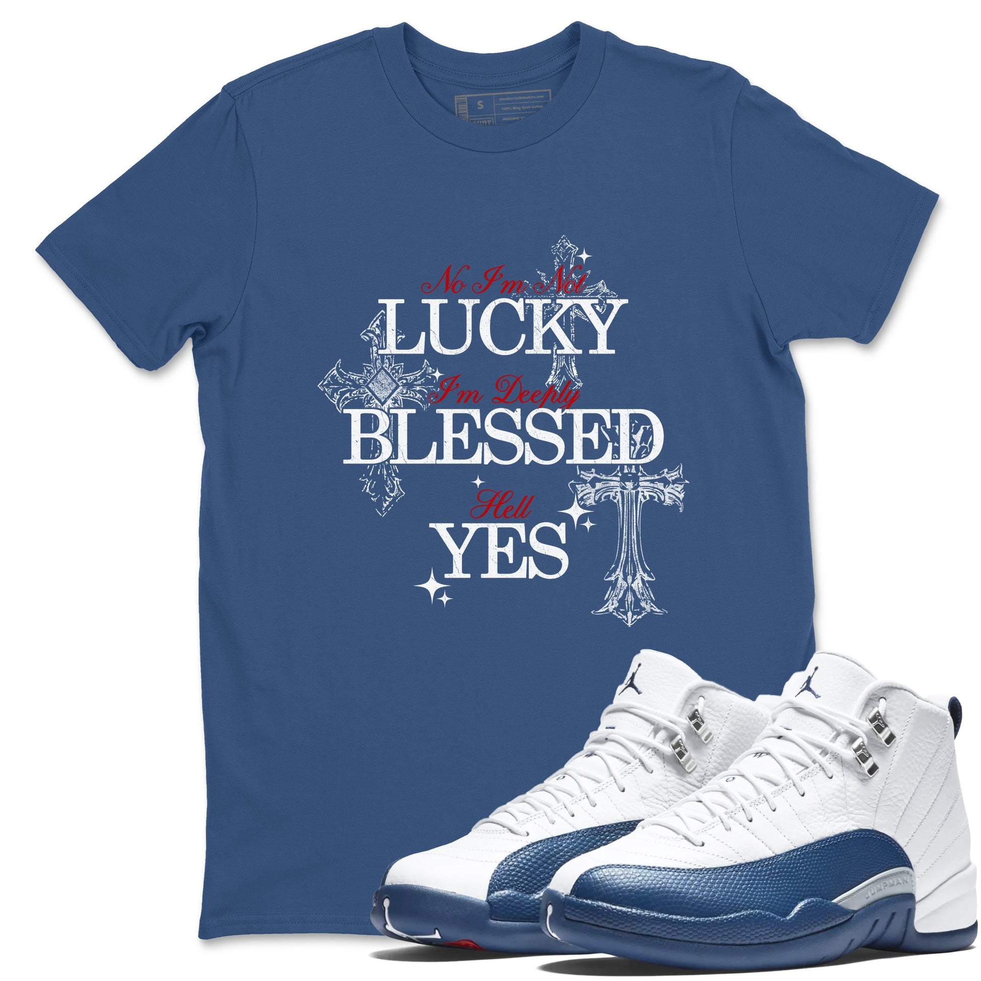Deeply Blessed sneaker match t-shirt styled to complete your fit with the Air Jordan 12 French Blue sneakers, shown in Denim Blue 1.