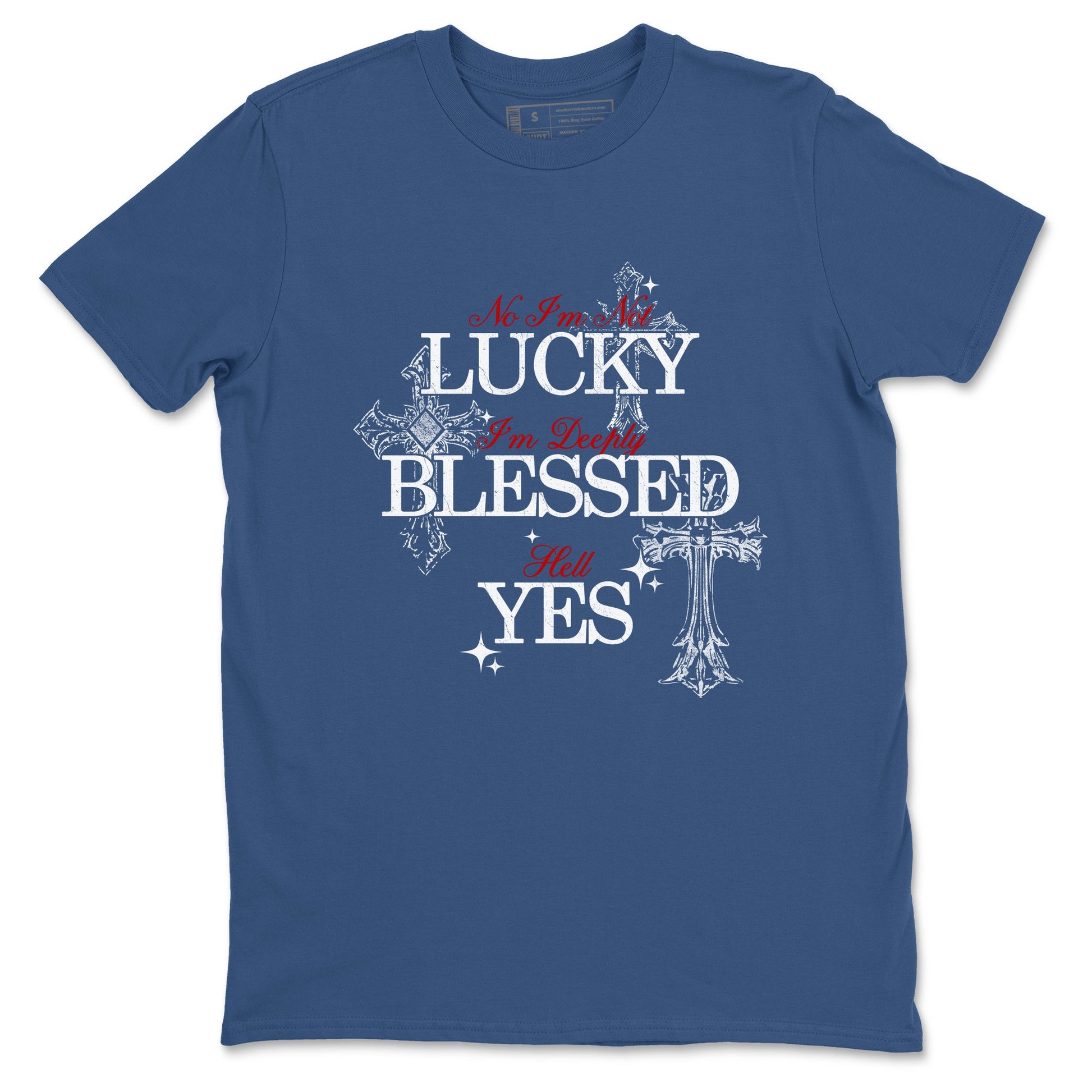 Deeply Blessed sneaker match t-shirt styled to complete your fit with the Air Jordan 12 French Blue sneakers, shown in Denim Blue 2.