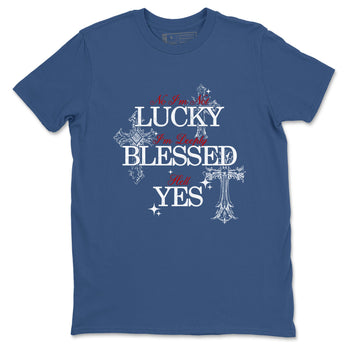 Deeply Blessed sneaker match t-shirt styled to complete your fit with the Air Jordan 12 French Blue sneakers, shown in Denim Blue 2.
