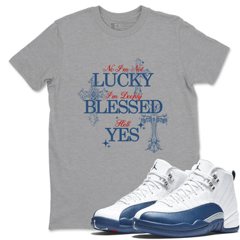 Deeply Blessed sneaker match t-shirt styled to complete your fit with the Air Jordan 12 French Blue sneakers, shown in Heather Grey 1.