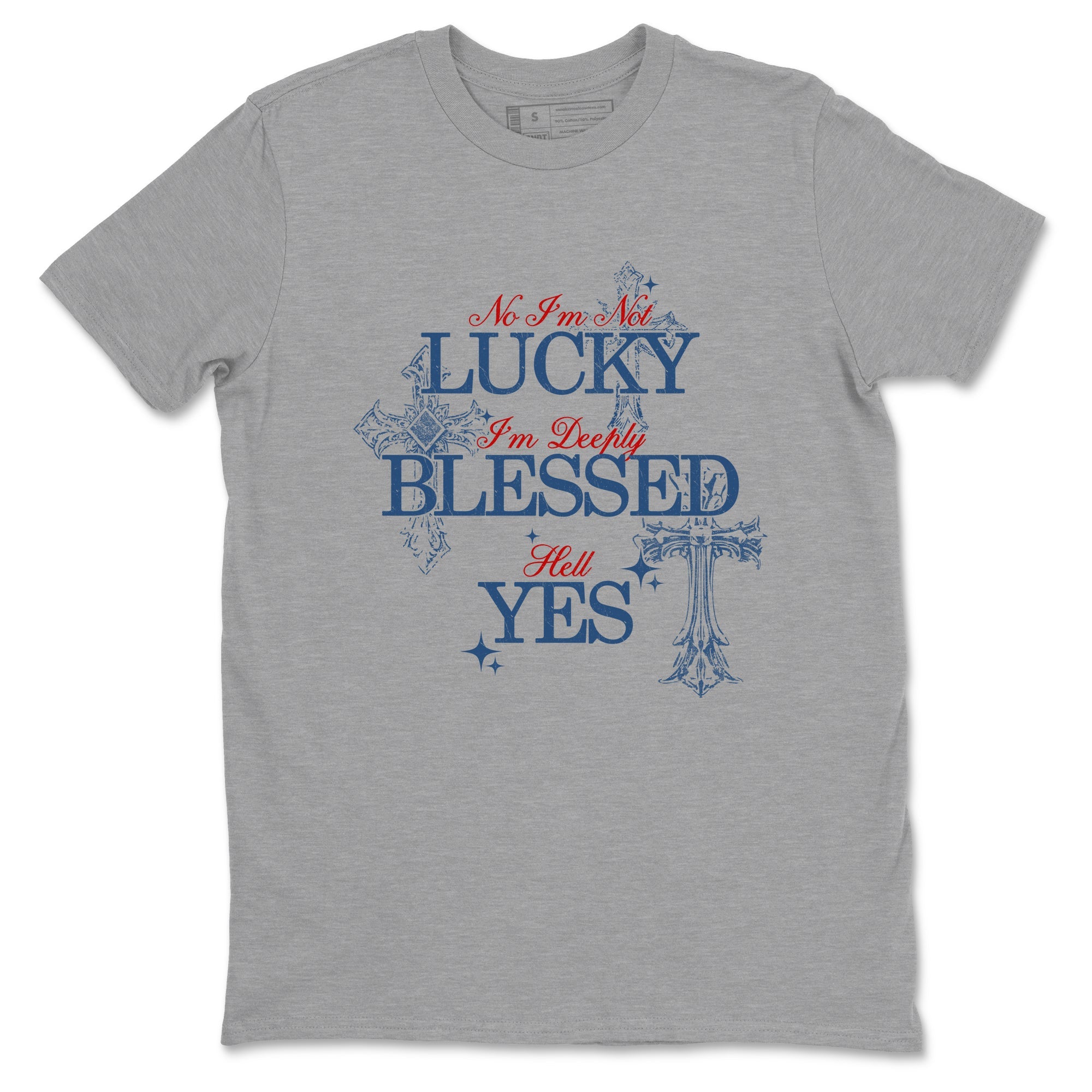 Deeply Blessed sneaker match t-shirt styled to complete your fit with the Air Jordan 12 French Blue sneakers, shown in Heather Grey 2.