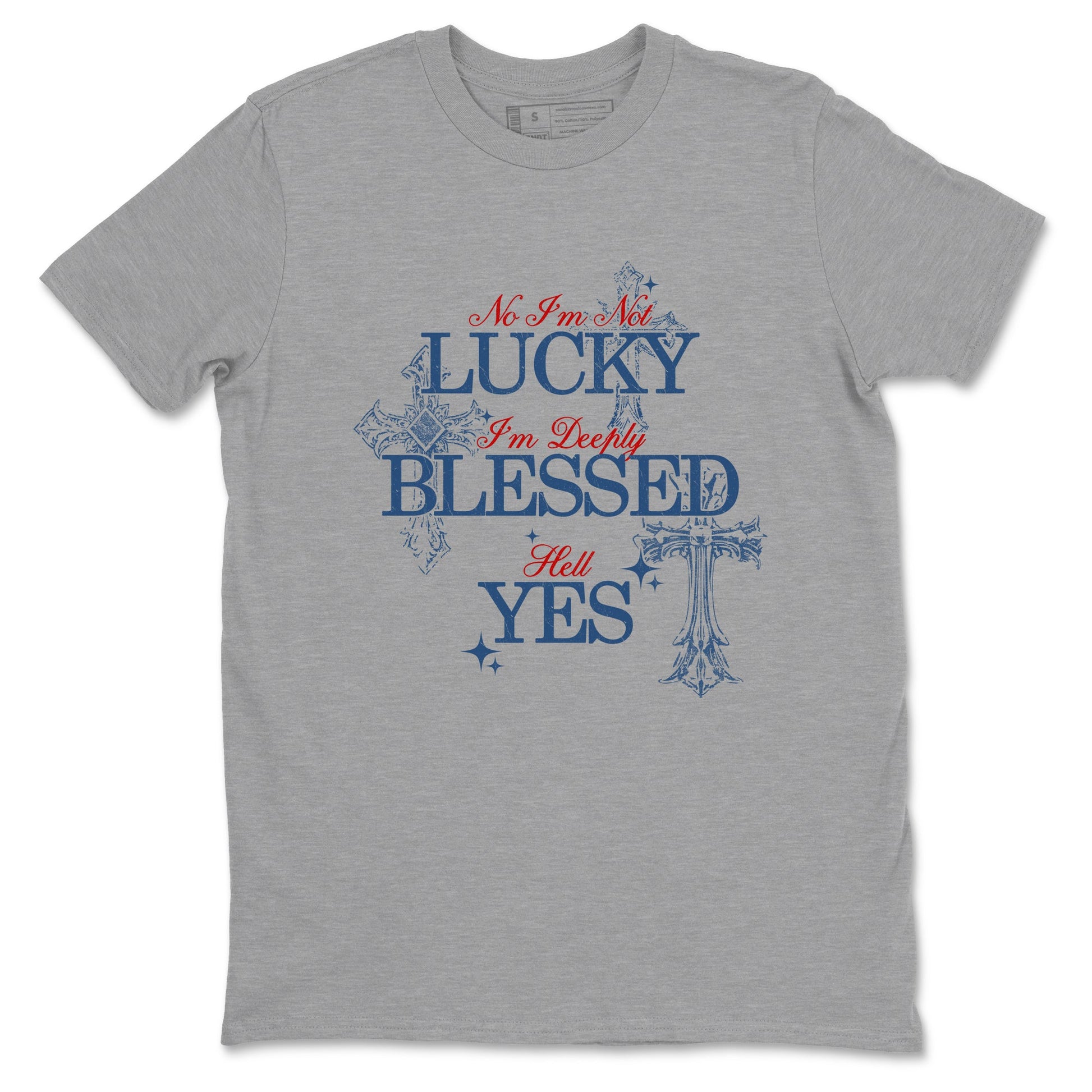 Deeply Blessed sneaker match t-shirt styled to complete your fit with the Air Jordan 12 French Blue sneakers, shown in Heather Grey 2.