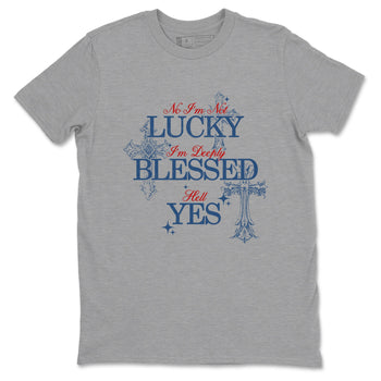 Deeply Blessed sneaker match t-shirt styled to complete your fit with the Air Jordan 12 French Blue sneakers, shown in Heather Grey 2.