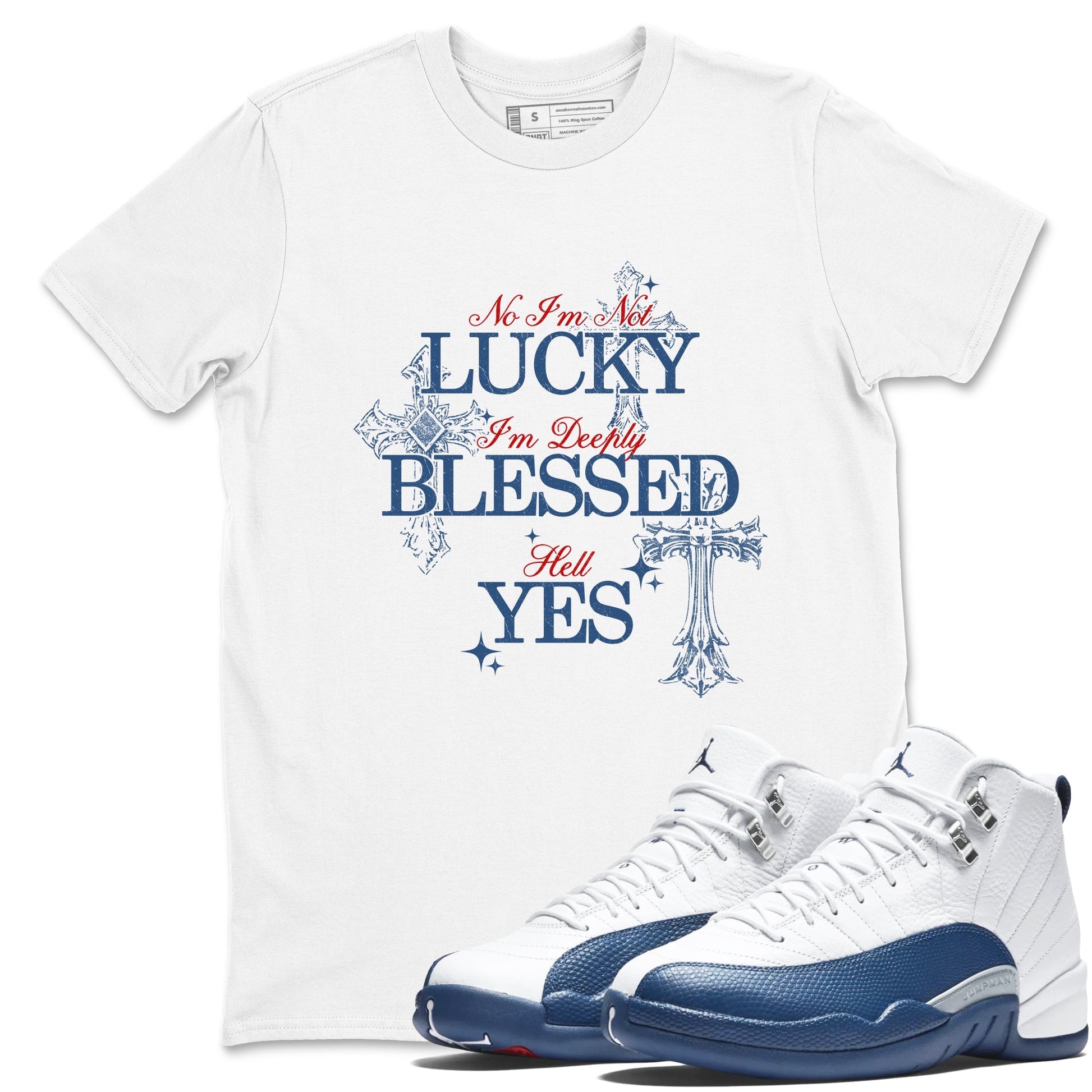 Deeply Blessed sneaker match t-shirt styled to complete your fit with the Air Jordan 12 French Blue sneakers, shown in White 1.