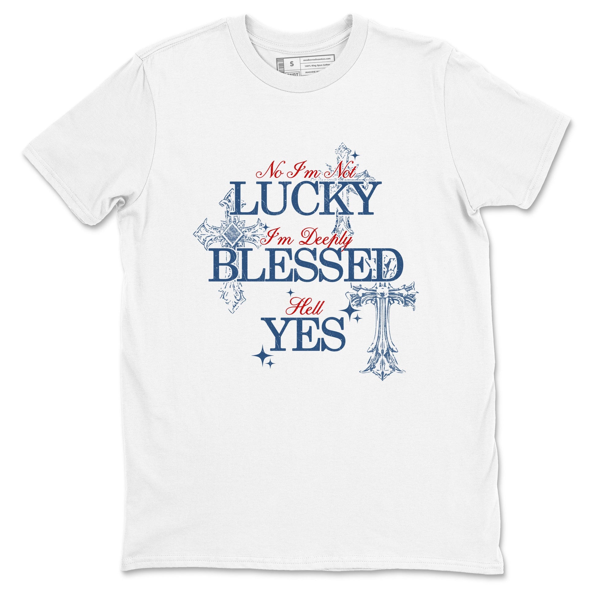 Deeply Blessed sneaker match t-shirt styled to complete your fit with the Air Jordan 12 French Blue sneakers, shown in White 2.