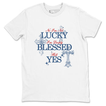 Deeply Blessed sneaker match t-shirt styled to complete your fit with the Air Jordan 12 French Blue sneakers, shown in White 2.