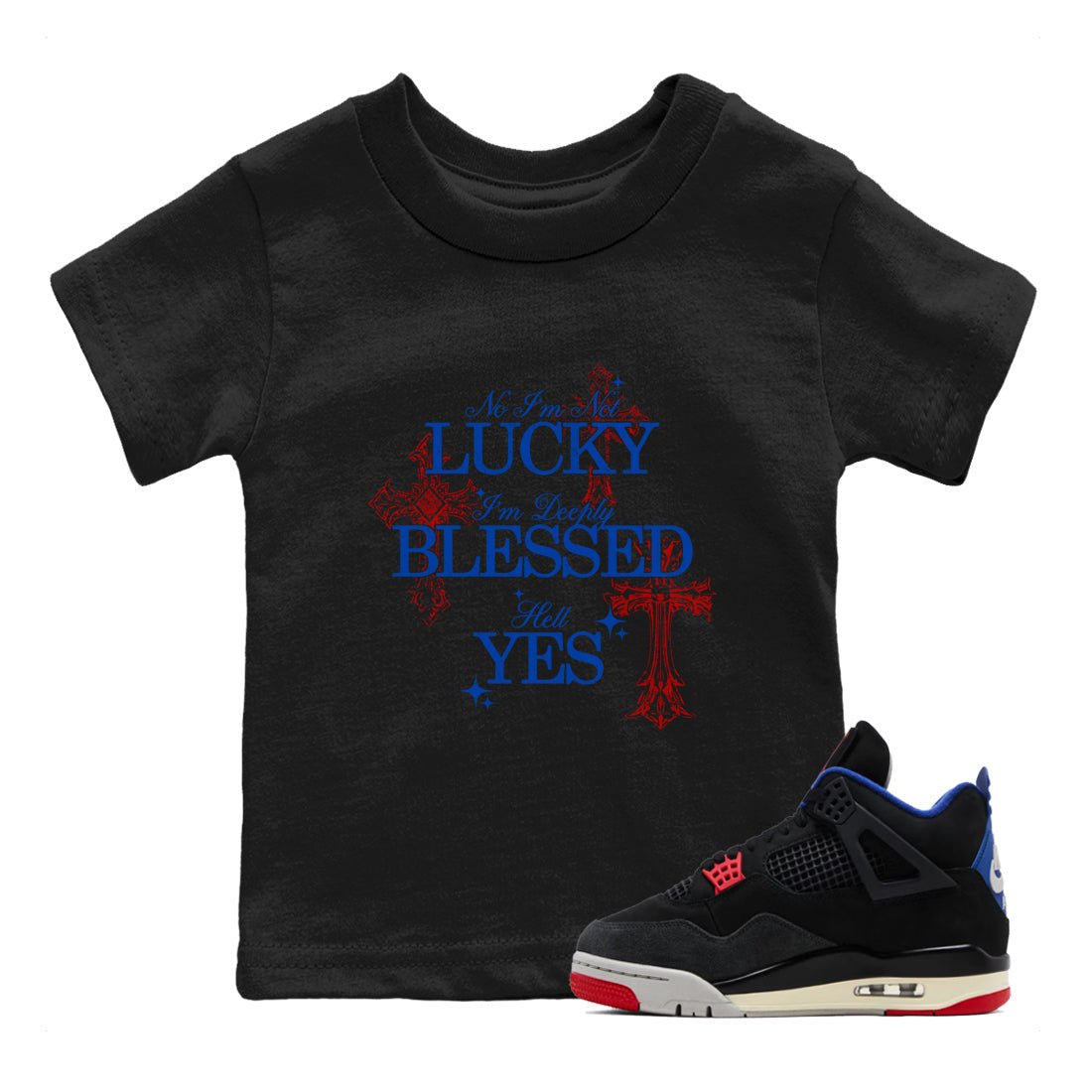 Deeply Blessed baby and kids t-shirt crafted for little sneakerheads to shine with the Air Jordan 4 Rare Air sneakers, displayed in Black 1.