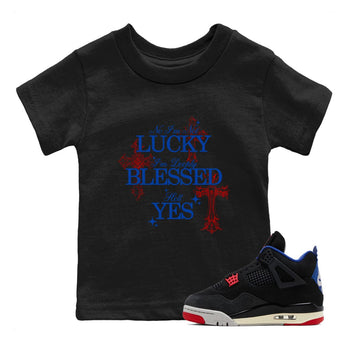 Deeply Blessed baby and kids t-shirt crafted for little sneakerheads to shine with the Air Jordan 4 Rare Air sneakers, displayed in Black 1.