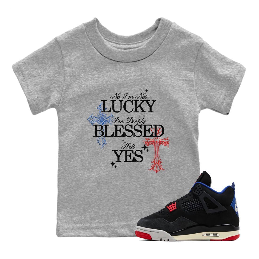 Deeply Blessed baby and kids t-shirt crafted for little sneakerheads to shine with the Air Jordan 4 Rare Air sneakers, displayed in Heather Grey 1.