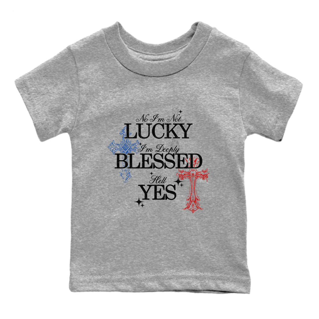 Deeply Blessed baby and kids t-shirt crafted for little sneakerheads to shine with the Air Jordan 4 Rare Air sneakers, displayed in Heather Grey 2.