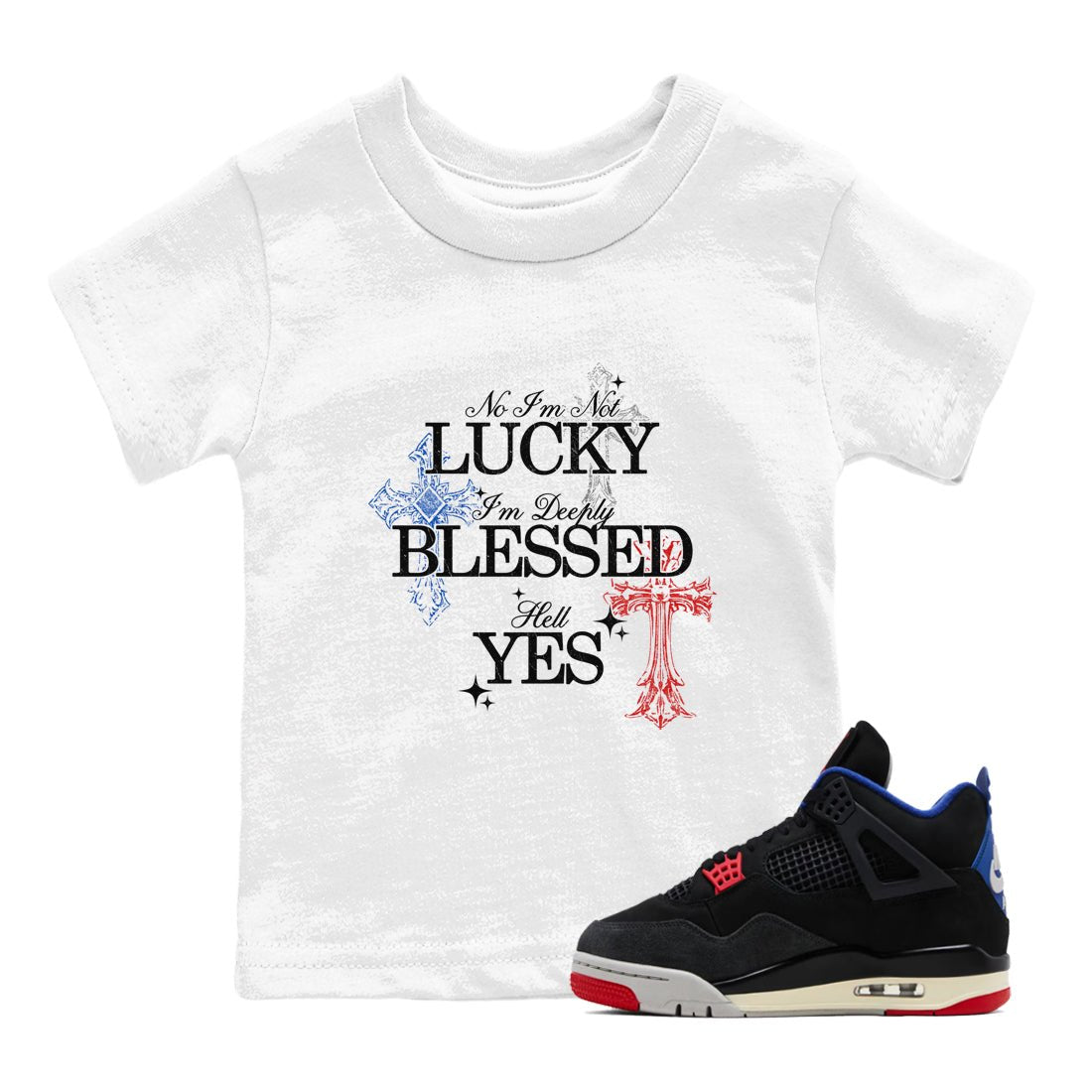 Deeply Blessed baby and kids t-shirt crafted for little sneakerheads to shine with the Air Jordan 4 Rare Air sneakers, displayed in White 1.