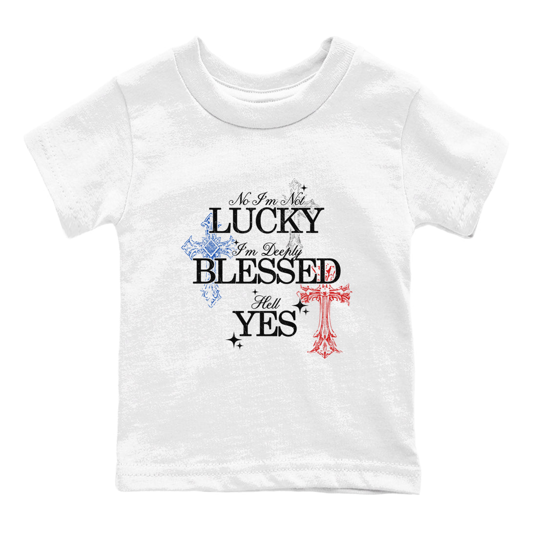 Deeply Blessed baby and kids t-shirt crafted for little sneakerheads to shine with the Air Jordan 4 Rare Air sneakers, displayed in White 2.