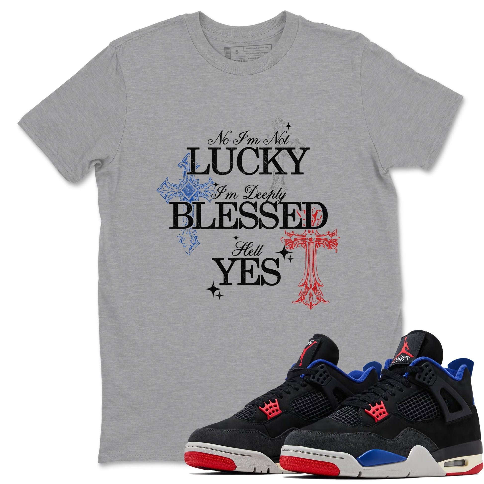 Deeply Blessed sneaker match t-shirt styled to complete your fit with the Air Jordan 4 Rare Air sneakers, shown in Heather Grey 1.