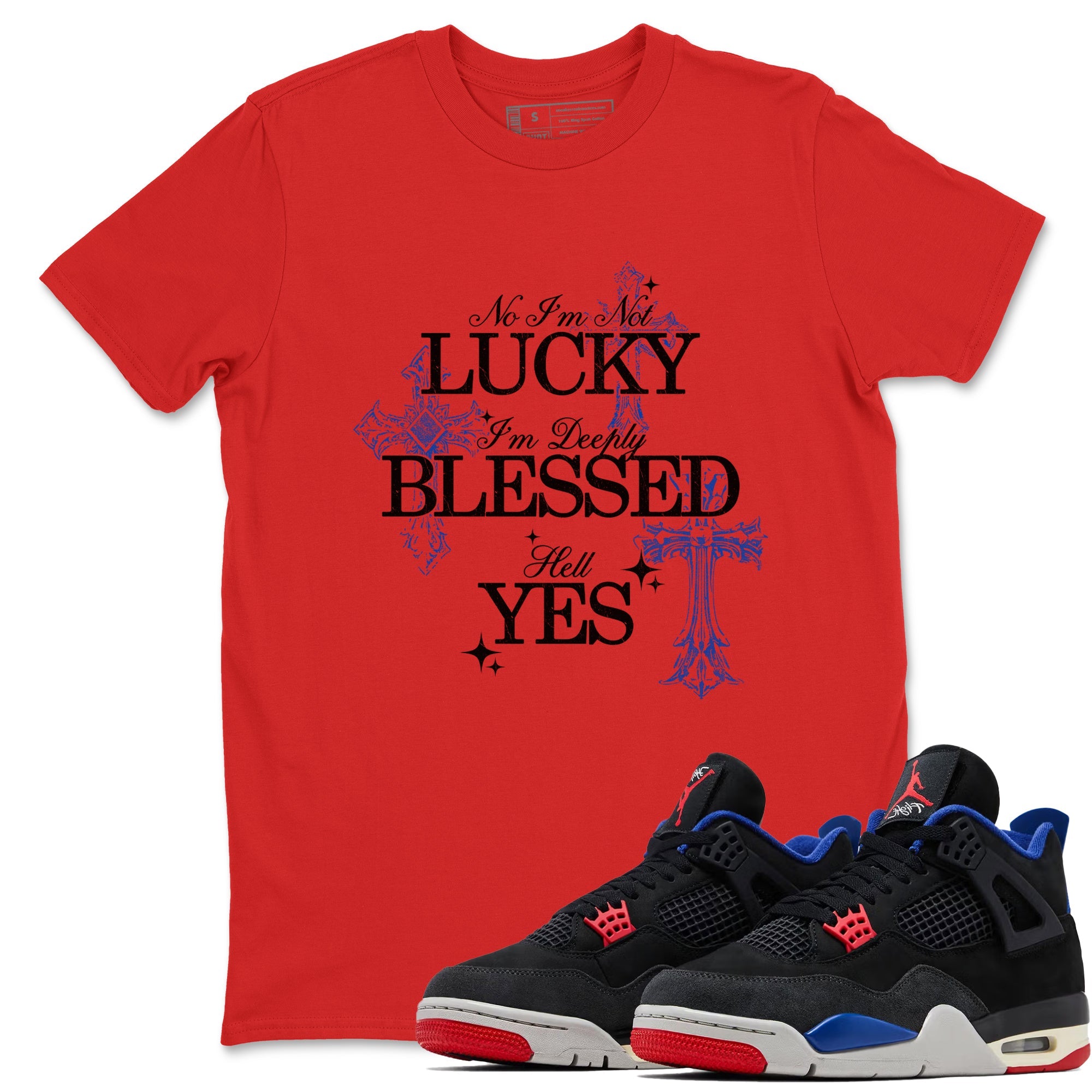 Deeply Blessed sneaker match t-shirt styled to complete your fit with the Air Jordan 4 Rare Air sneakers, shown in Red 1.