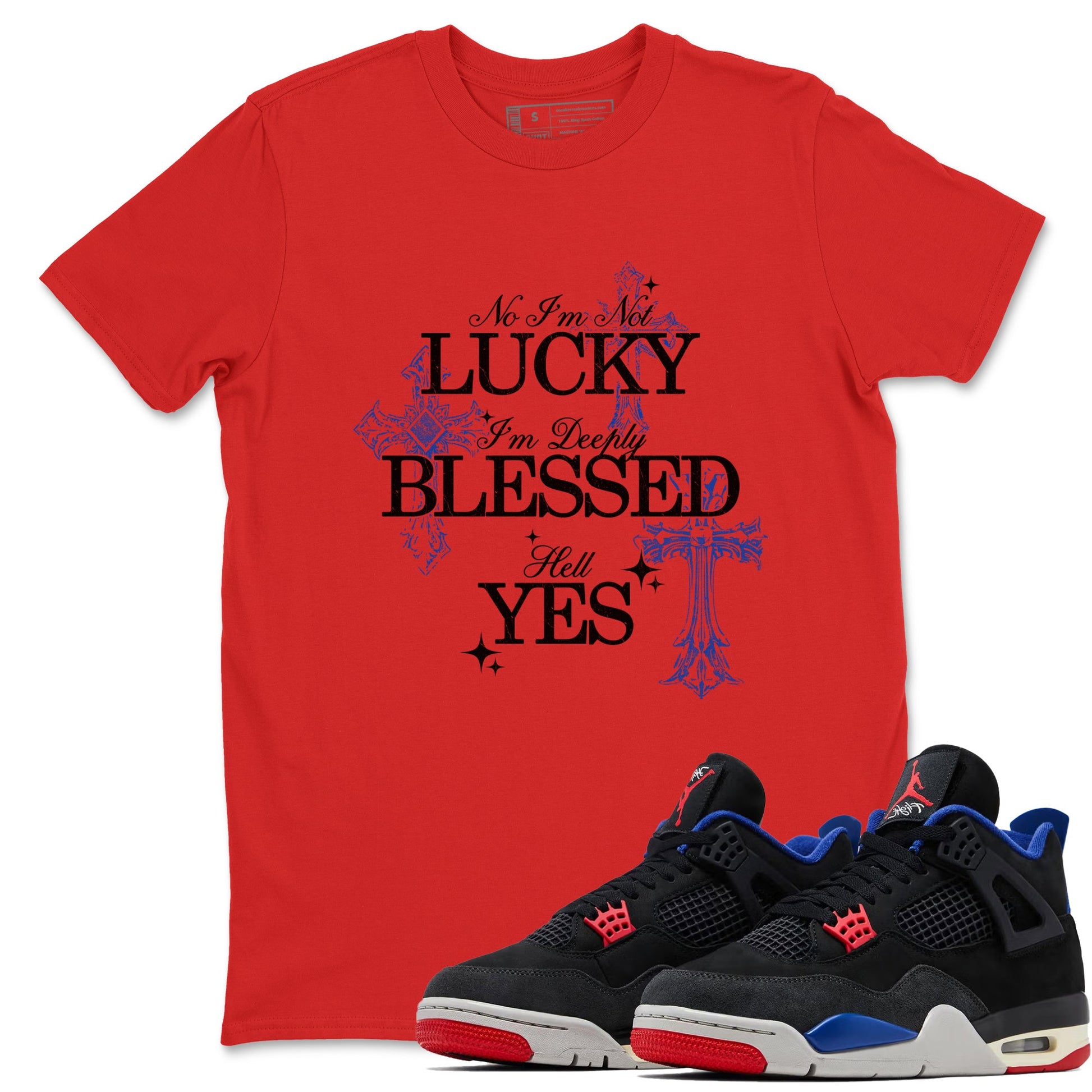 Deeply Blessed sneaker match t-shirt styled to complete your fit with the Air Jordan 4 Rare Air sneakers, shown in Red 1.