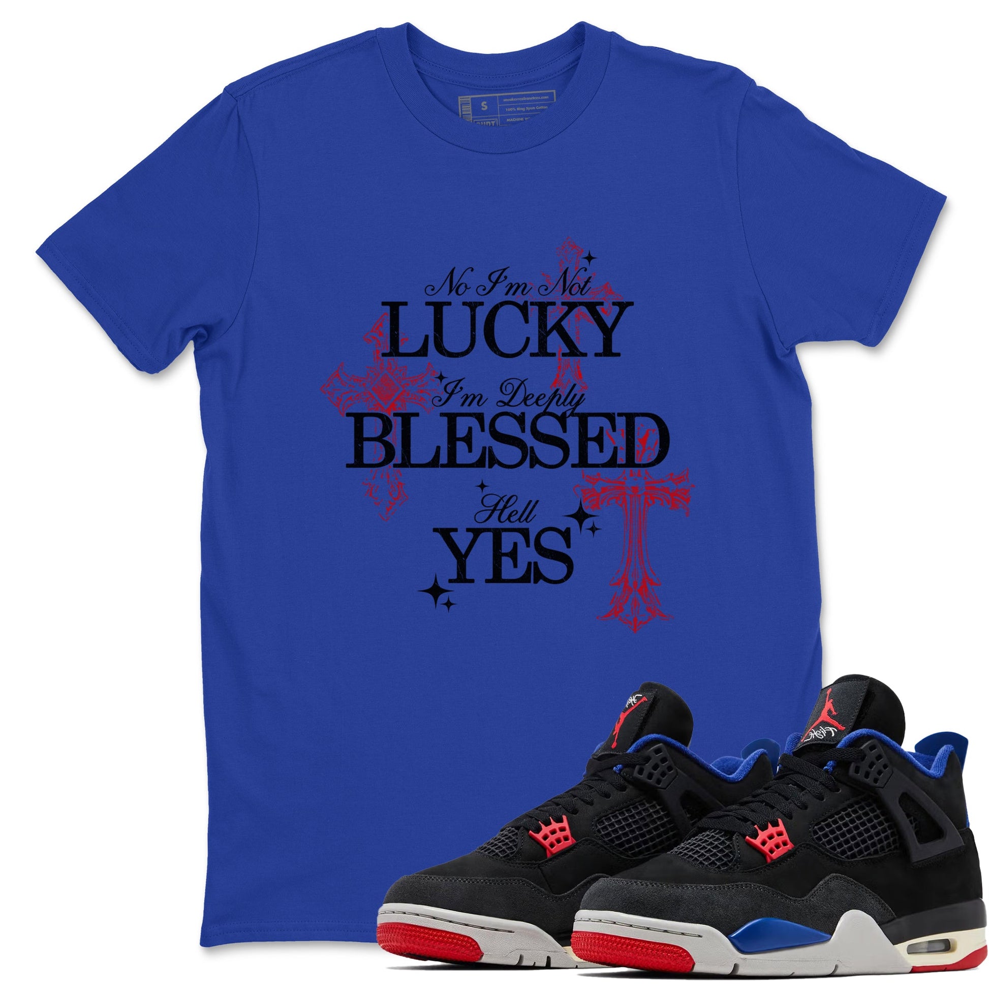 Deeply Blessed sneaker match t-shirt styled to complete your fit with the Air Jordan 4 Rare Air sneakers, shown in Royal Blue 1.