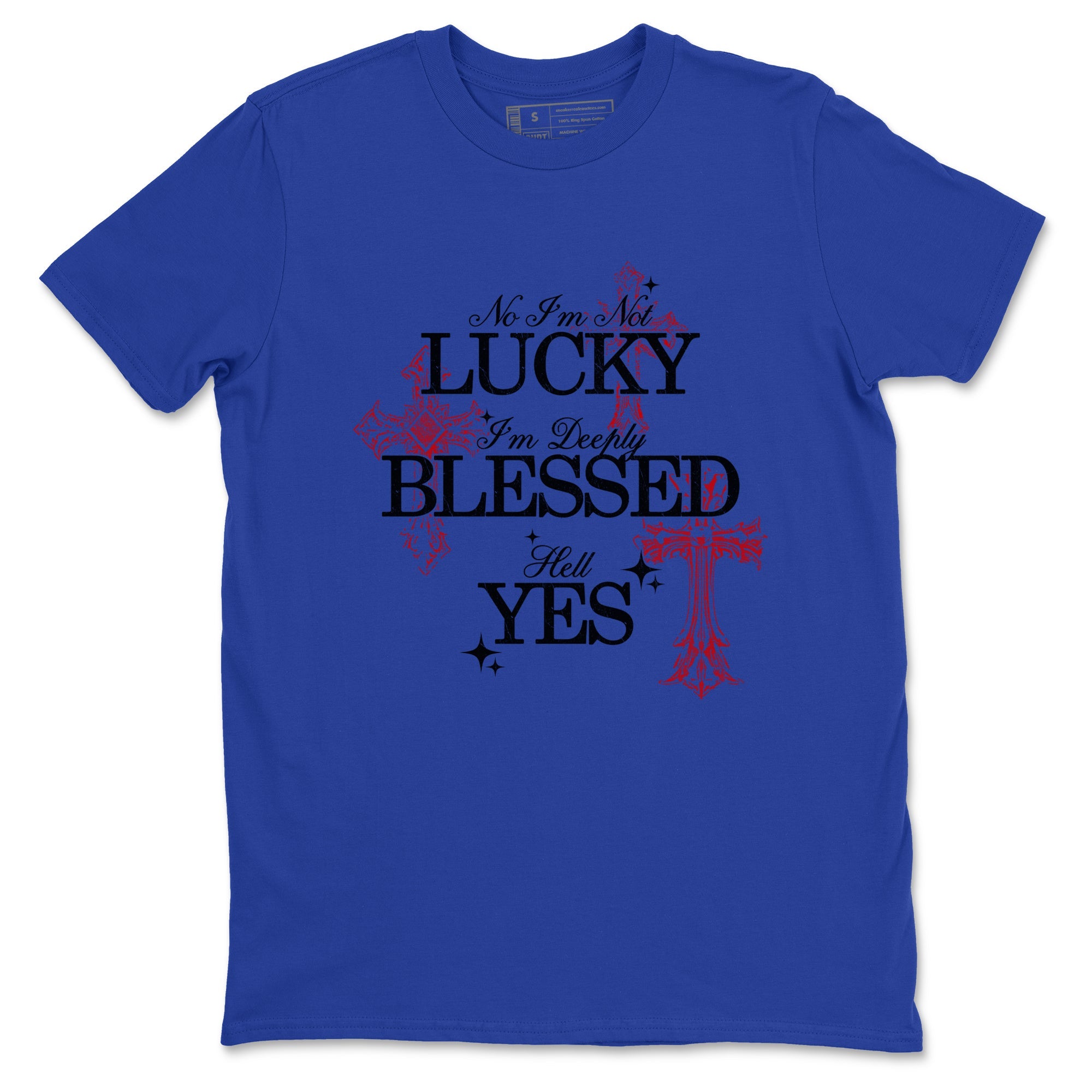 Deeply Blessed sneaker match t-shirt styled to complete your fit with the Air Jordan 4 Rare Air sneakers, shown in Royal Blue 2.
