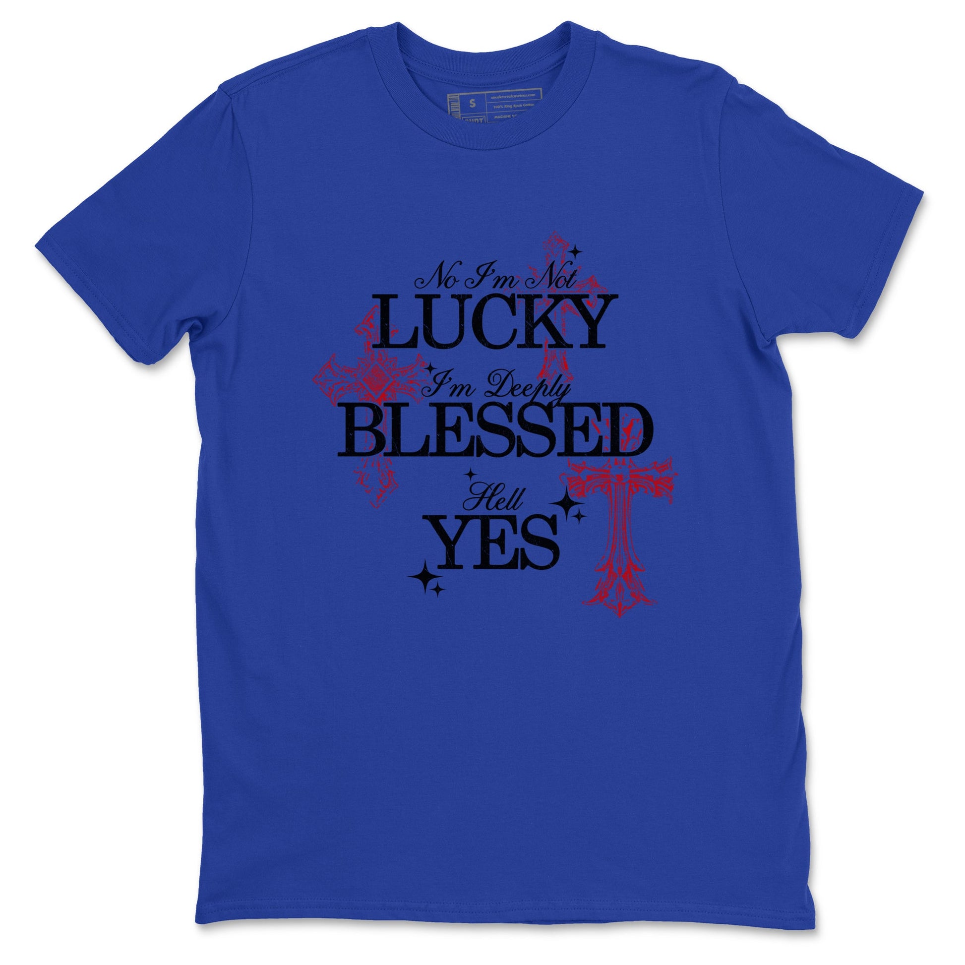 Deeply Blessed sneaker match t-shirt styled to complete your fit with the Air Jordan 4 Rare Air sneakers, shown in Royal Blue 2.