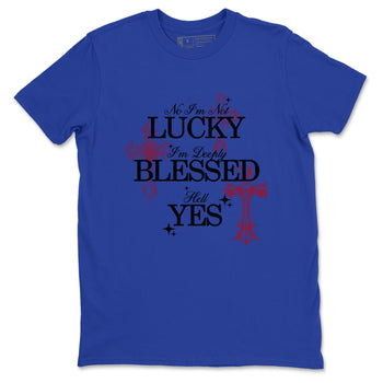 Deeply Blessed sneaker match t-shirt styled to complete your fit with the Air Jordan 4 Rare Air sneakers, shown in Royal Blue 2.