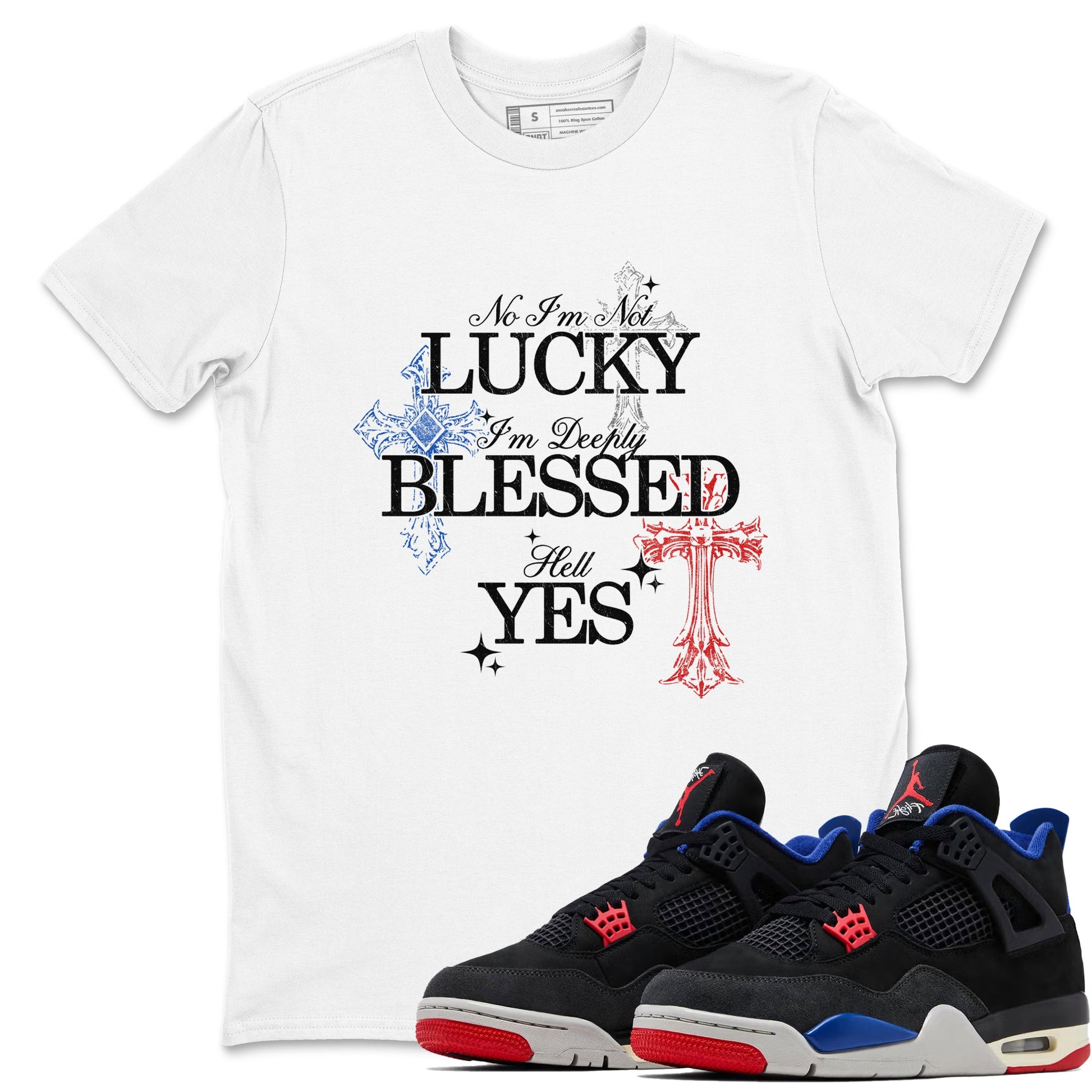 Deeply Blessed sneaker match t-shirt styled to complete your fit with the Air Jordan 4 Rare Air sneakers, shown in White 1.