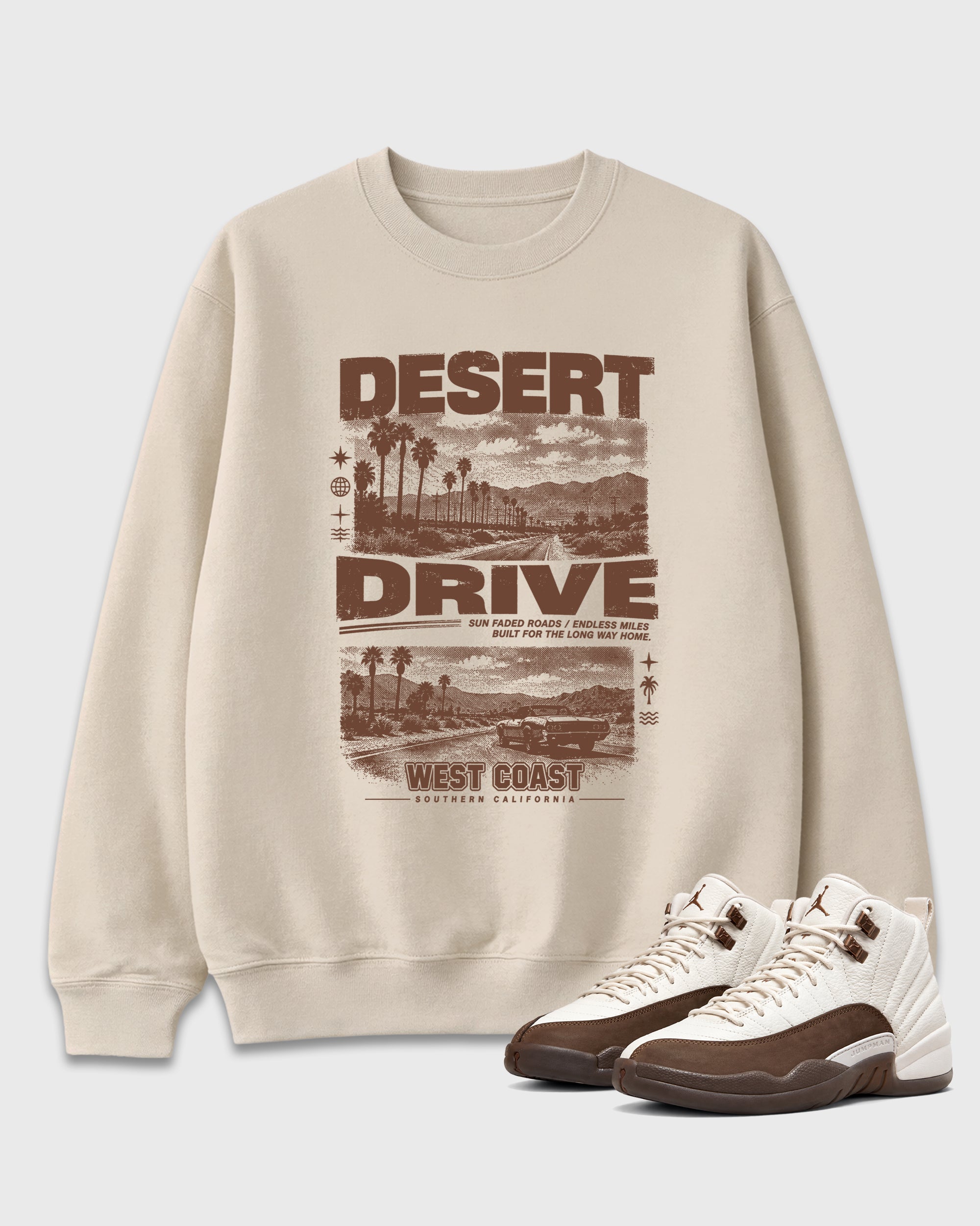 Desert Drive Graphic T-Shirt featuring original streetwear artwork designed to match the Air Jordan 12 Fireside. Natural 1 Graphic Tee.