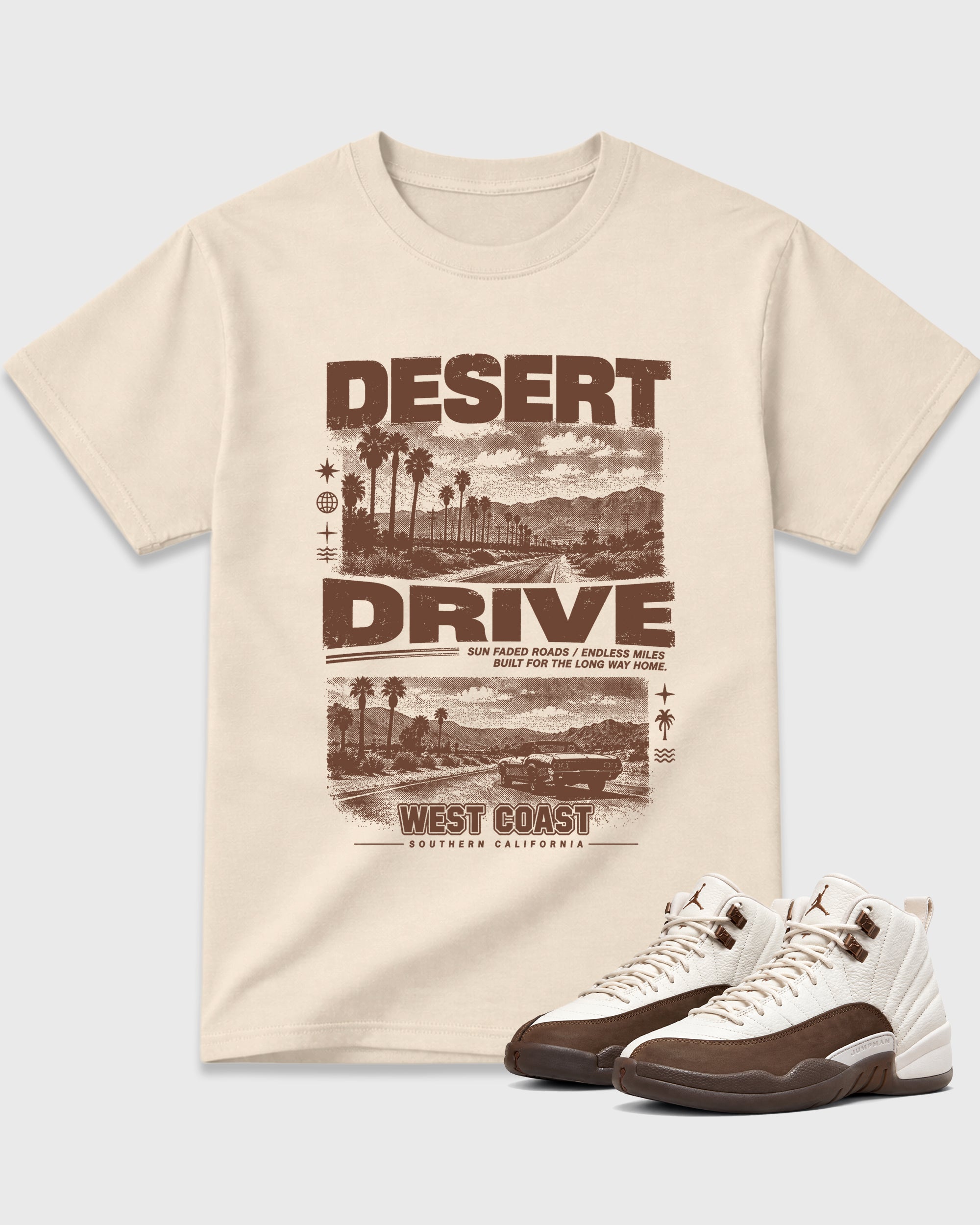 Desert Drive Graphic T-Shirt featuring original streetwear artwork designed to match the Air Jordan 12 Fireside. Natural 1 Graphic T-Shirt.