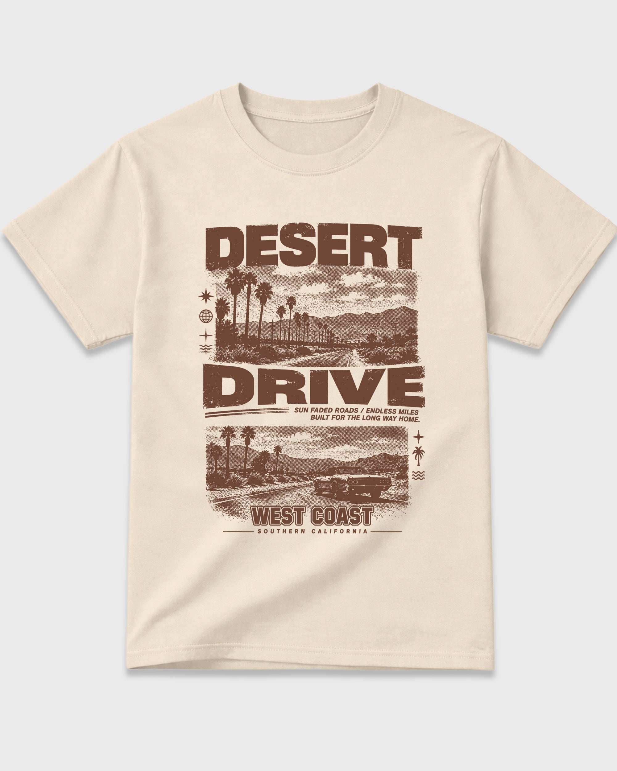 Desert Drive Graphic T-Shirt featuring original streetwear artwork designed to match the Air Jordan 12 Fireside. Natural 2 Graphic T-Shirt.