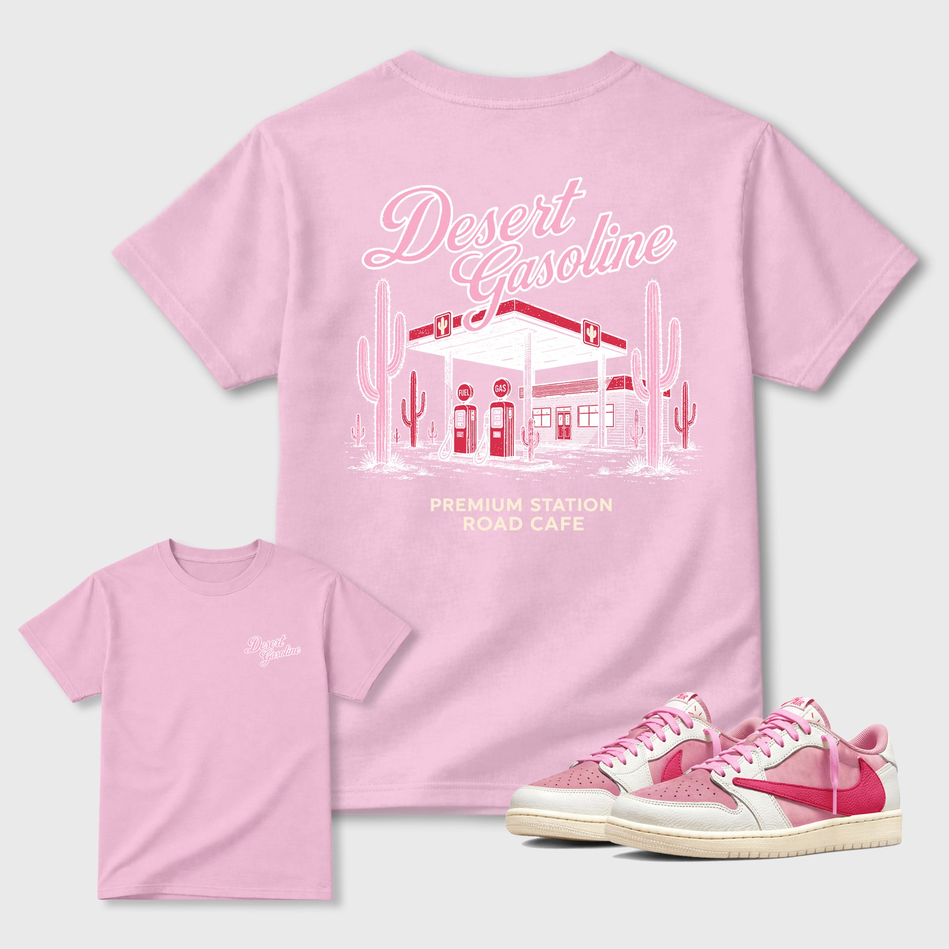 Desert Gasoline double side graphic tee styled to complete your fit with the AJ1 Low Travis Scott Tropical Pink shown in Pink.