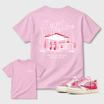 Desert Gasoline double side graphic tee styled to complete your fit with the AJ1 Low Travis Scott Tropical Pink shown in Pink.