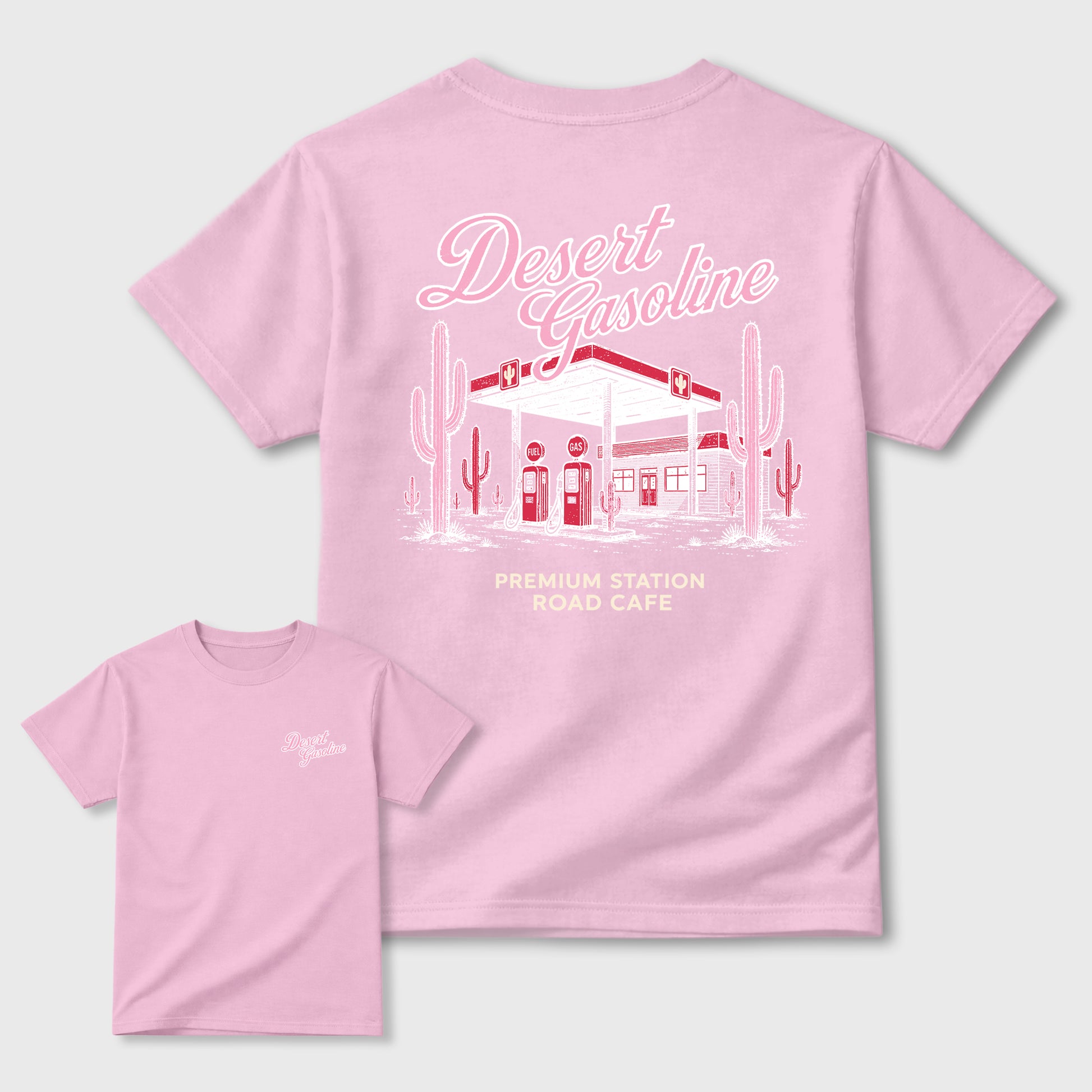 Desert Gasoline double side graphic tee styled to complete your fit with the AJ1 Low Travis Scott Tropical Pink shown in Pink.