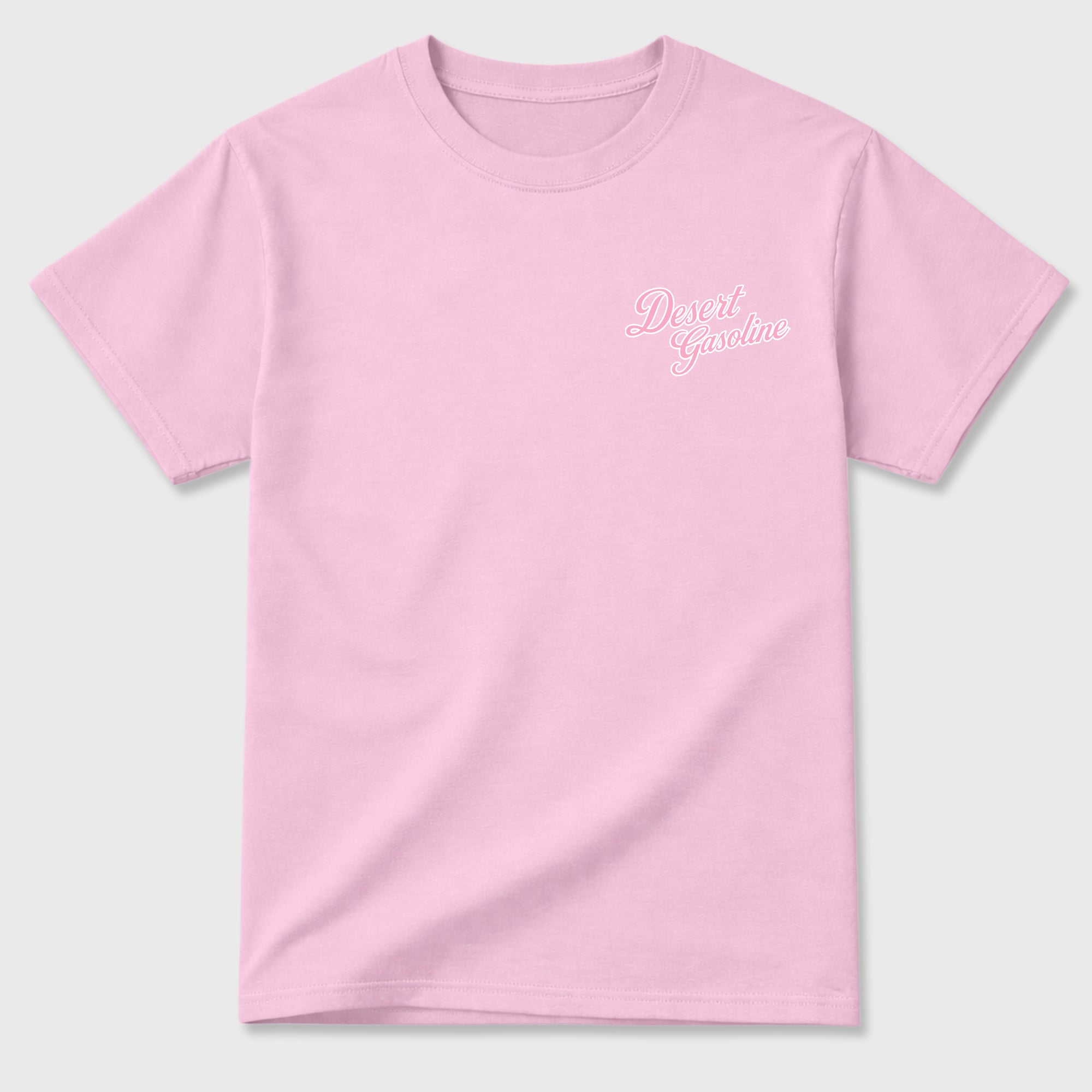 Desert Gasoline double side graphic tee styled to complete your fit with the AJ1 Low Travis Scott Tropical Pink shown in Pink.