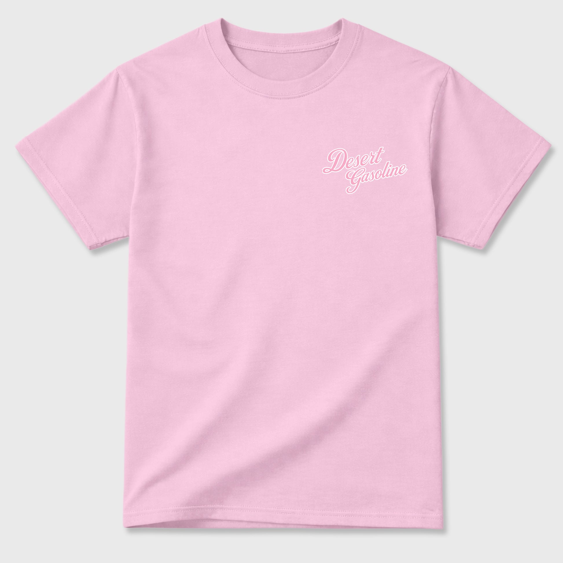 Desert Gasoline double side graphic tee styled to complete your fit with the AJ1 Low Travis Scott Tropical Pink shown in Pink.