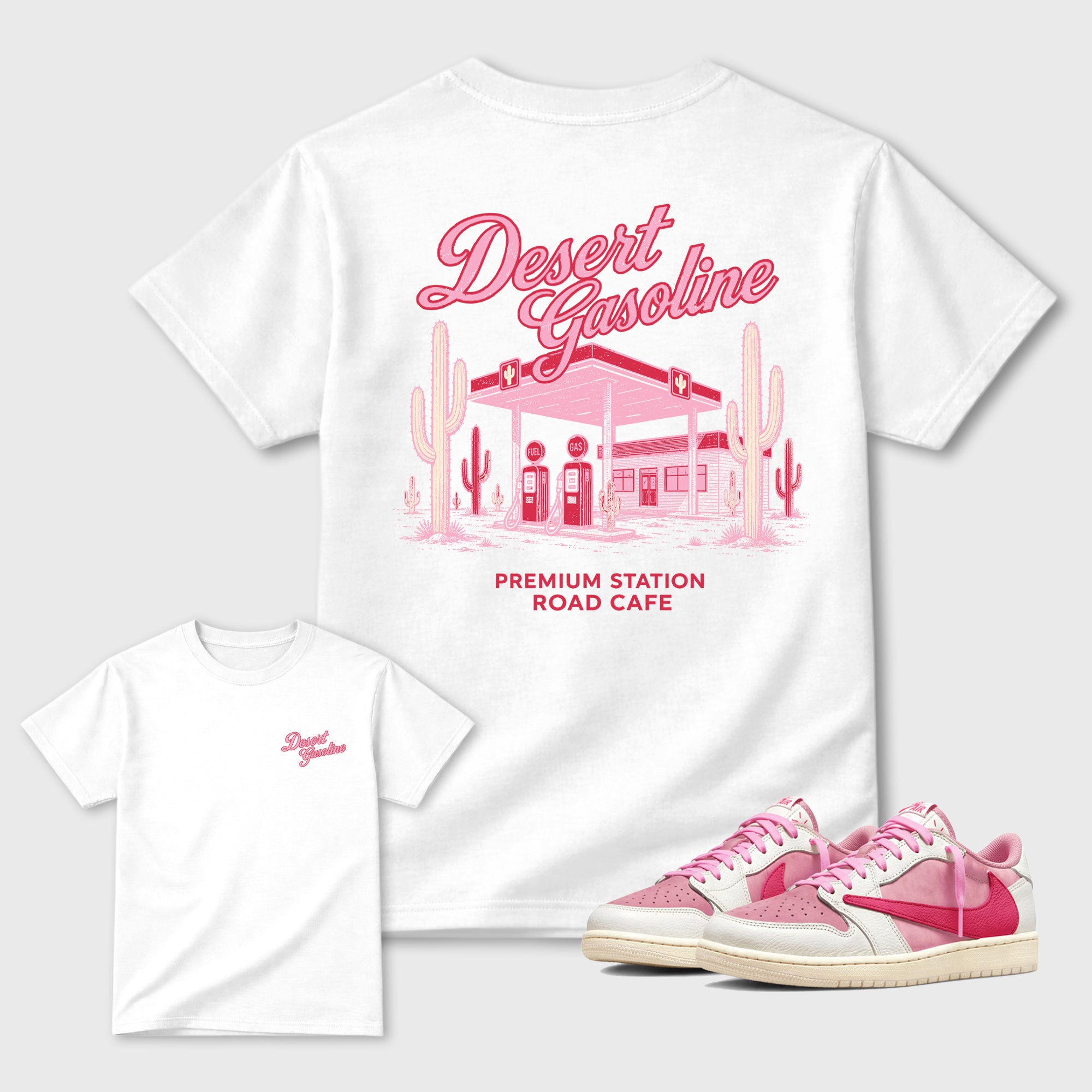 Desert Gasoline double side graphic tee styled to complete your fit with the Air Jordan 1 Travis Scott Tropical Pink sneakers, shown in White.