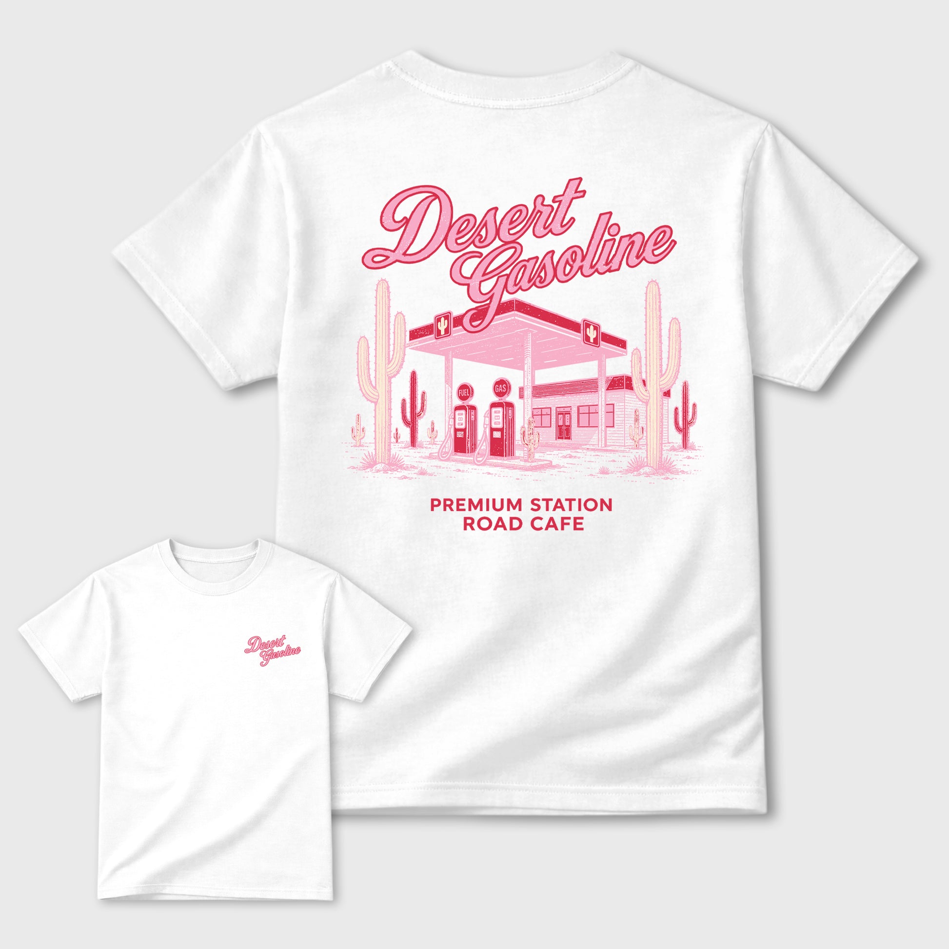 Desert Gasoline double side graphic tee styled to complete your fit with the AJ1 Low Travis Scott Tropical Pink shown in White.