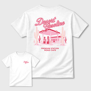 Desert Gasoline double side graphic tee styled to complete your fit with the AJ1 Low Travis Scott Tropical Pink shown in White.
