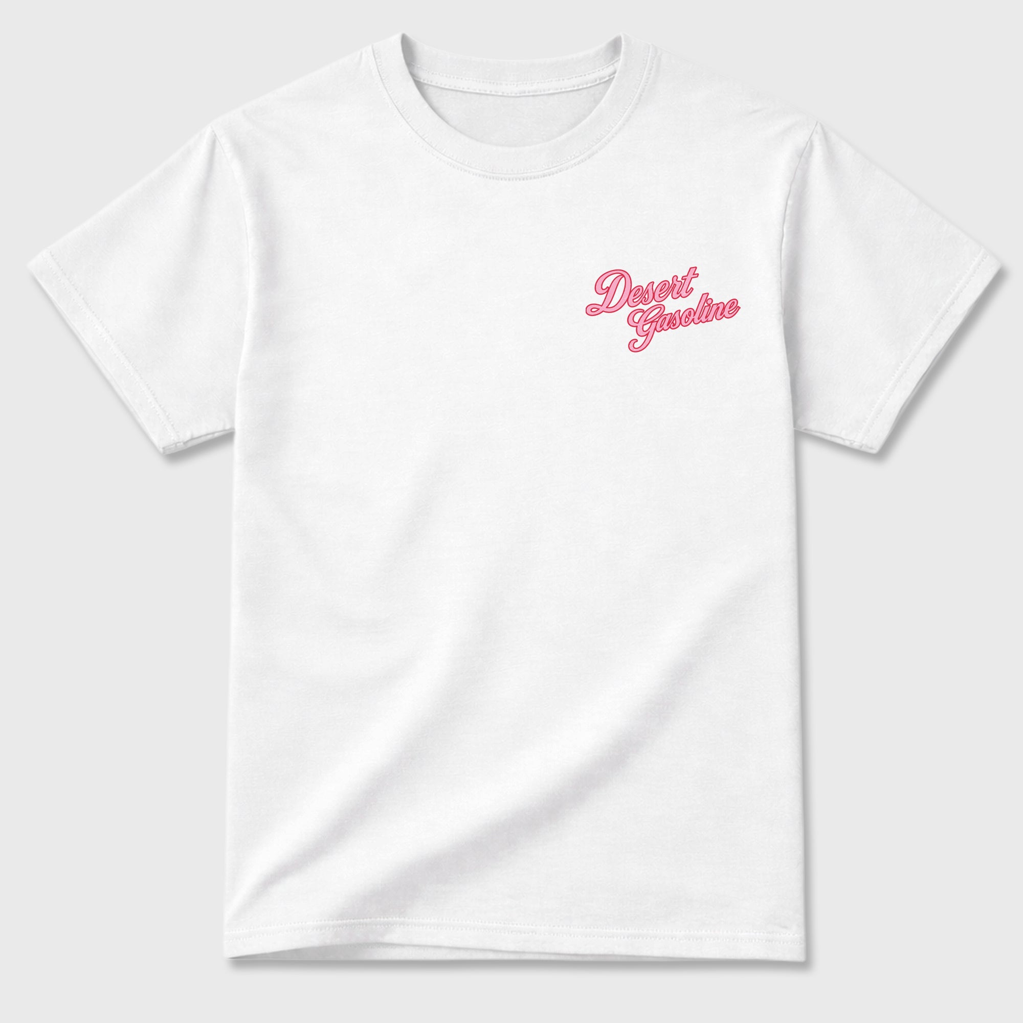 Desert Gasoline double side graphic tee styled to complete your fit with the AJ1 Low Travis Scott Tropical Pink shown in White.